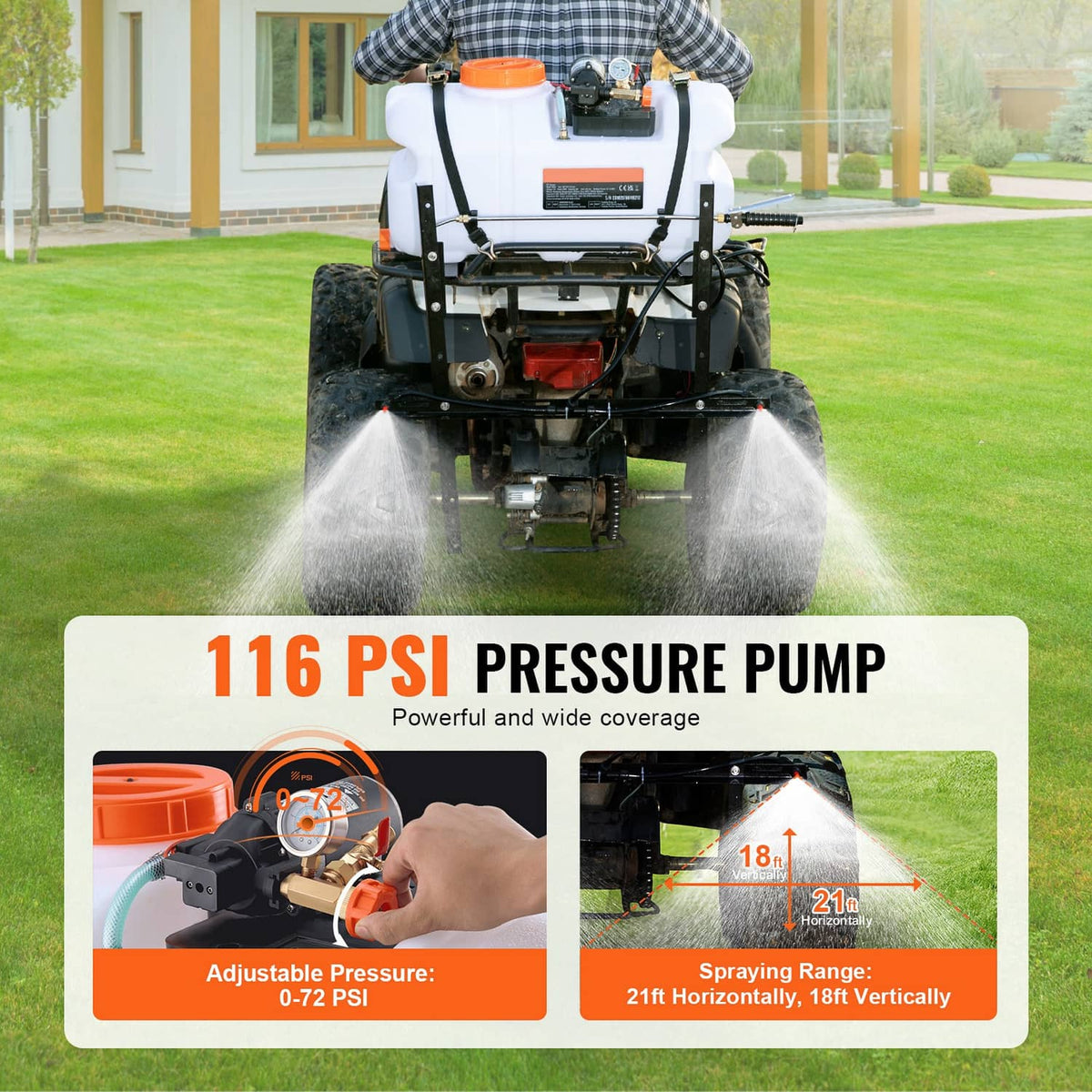 ATV spot sprayer on frame with wide spray pattern from nozzle boom