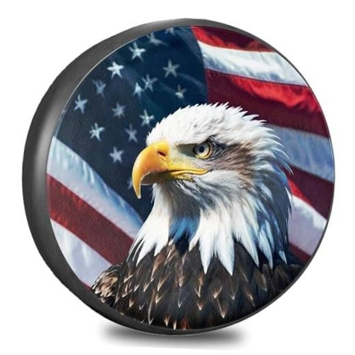 Round spare tire cover with bald eagle and American flag design
