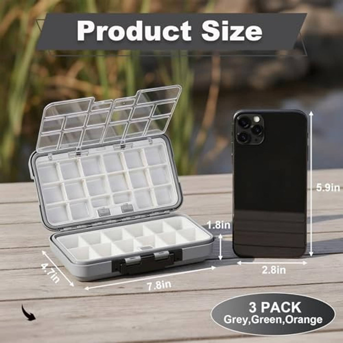 3-pack mini tackle boxes with clear grid insert, gray, green, and orange cases