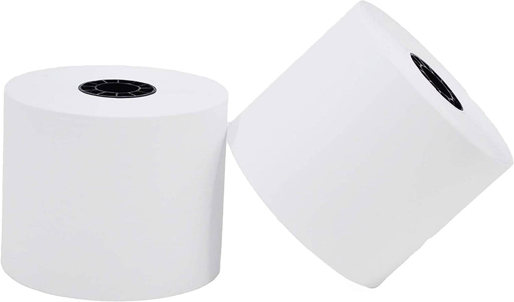 White adding machine tape rolls with cardboard cores, two-roll set
