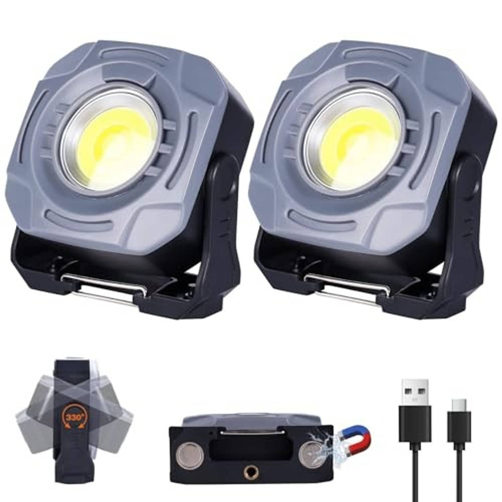 Pair of gray magnetic rechargeable work lights with round LED heads and fold-out stands
