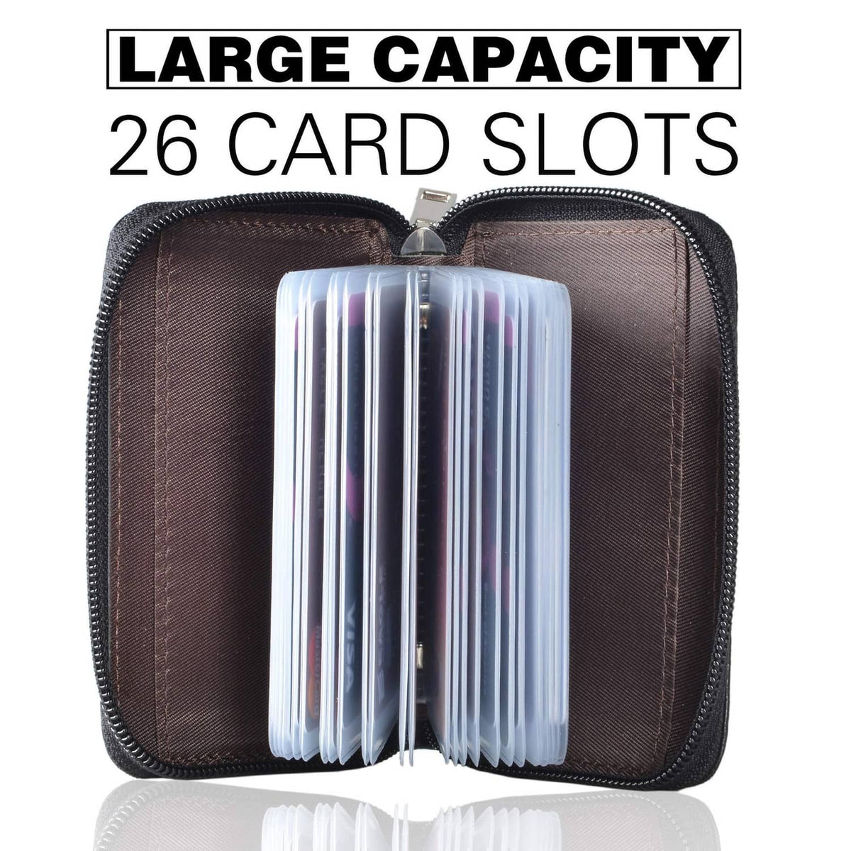 Leather card wallet with 26 card slots, cards fanned in organizer