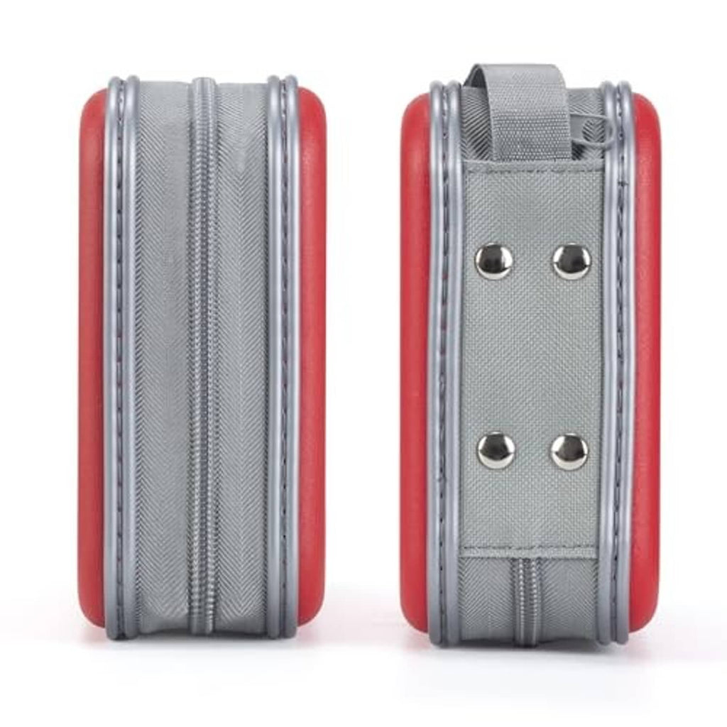 Red and gray hard-shell CD/DVD zipper disc wallet with textured side panels, front view