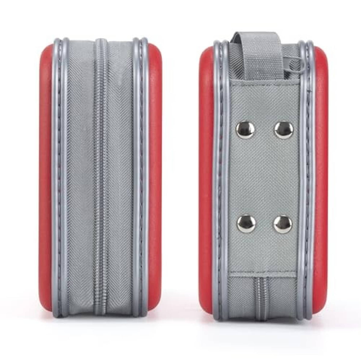 Red and gray hard-shell CD/DVD zipper disc wallet with textured side panels, front view