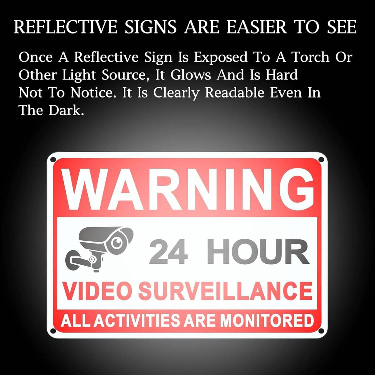 Reflective black-gray background warning video surveillance sign: 24 hour, monitored