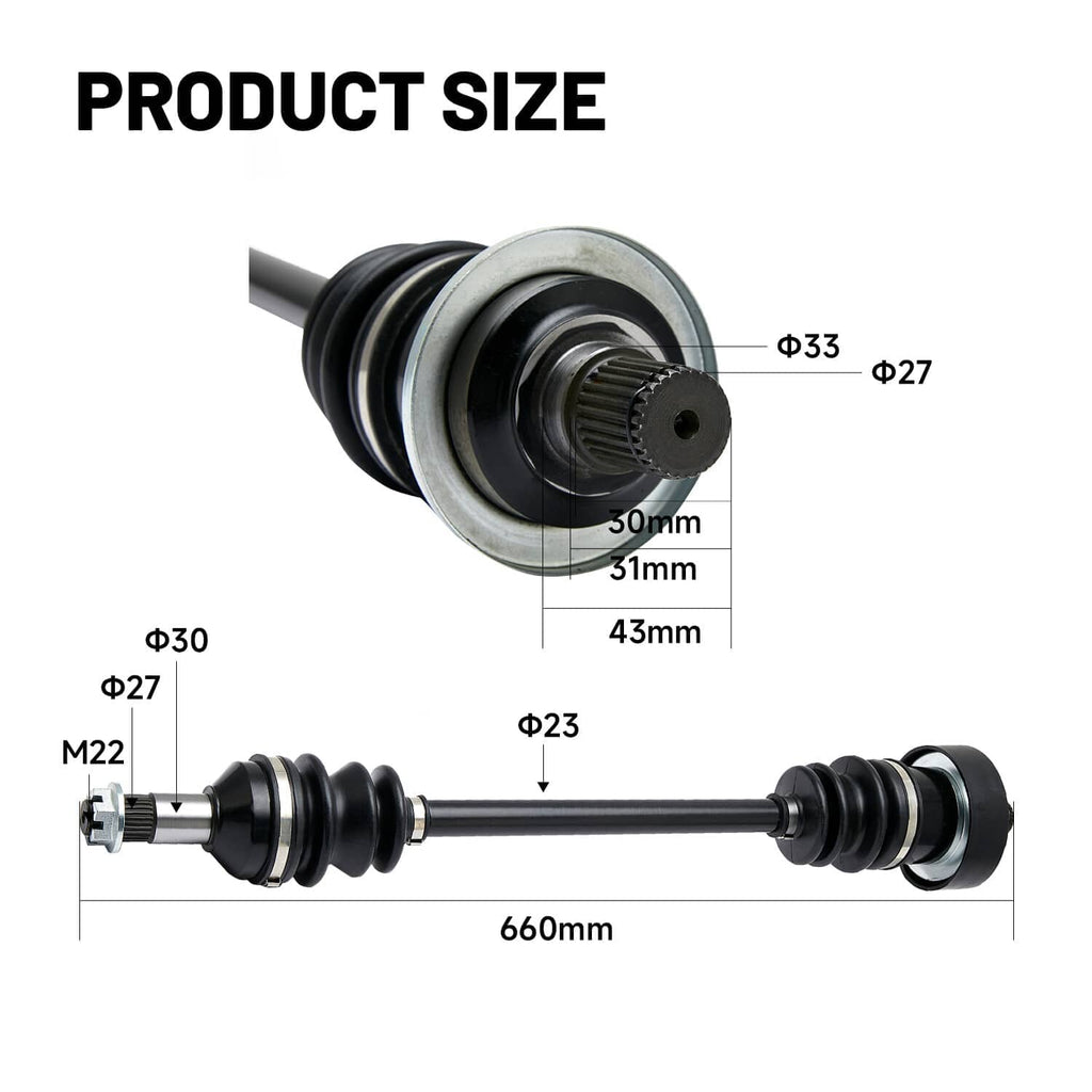 CV joint axle shaft showing overall length and boot sizes