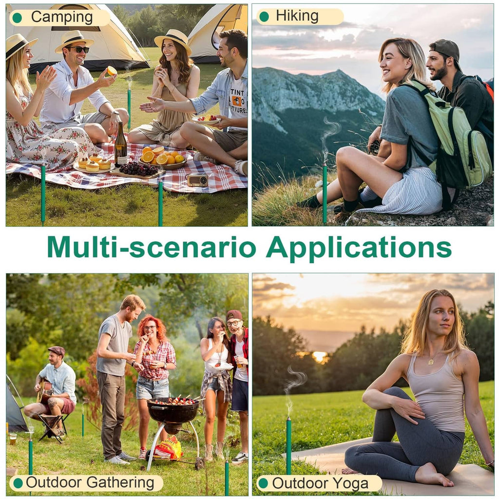 Green citronella incense sticks used outdoors in multiple scenes