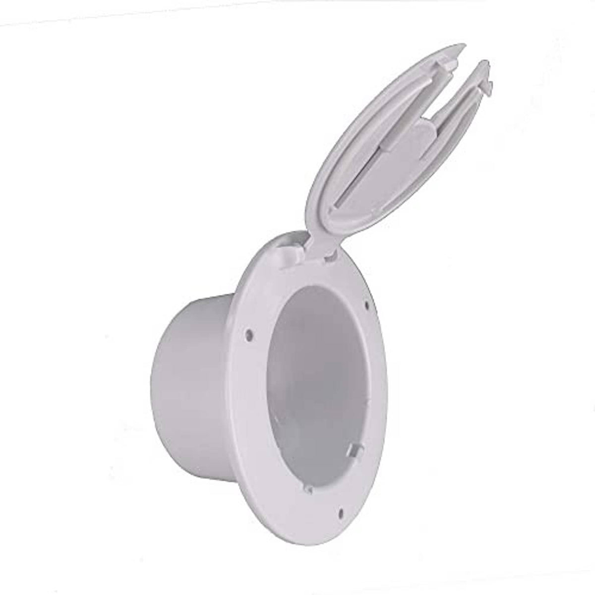 White RV power cord hatch cover with open door and hinge clips