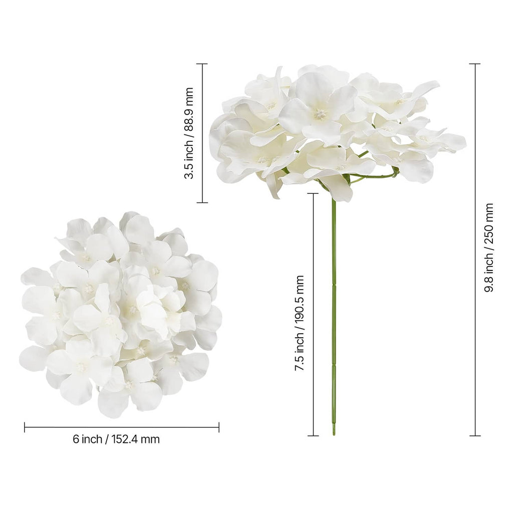 Artificial white hydrangea flower cluster and tall green-stem stem display