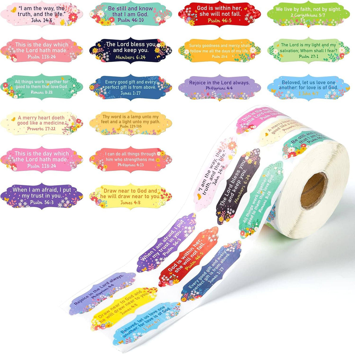 Bible verse sticker roll with colorful cloud-shaped labels and scripture text strip