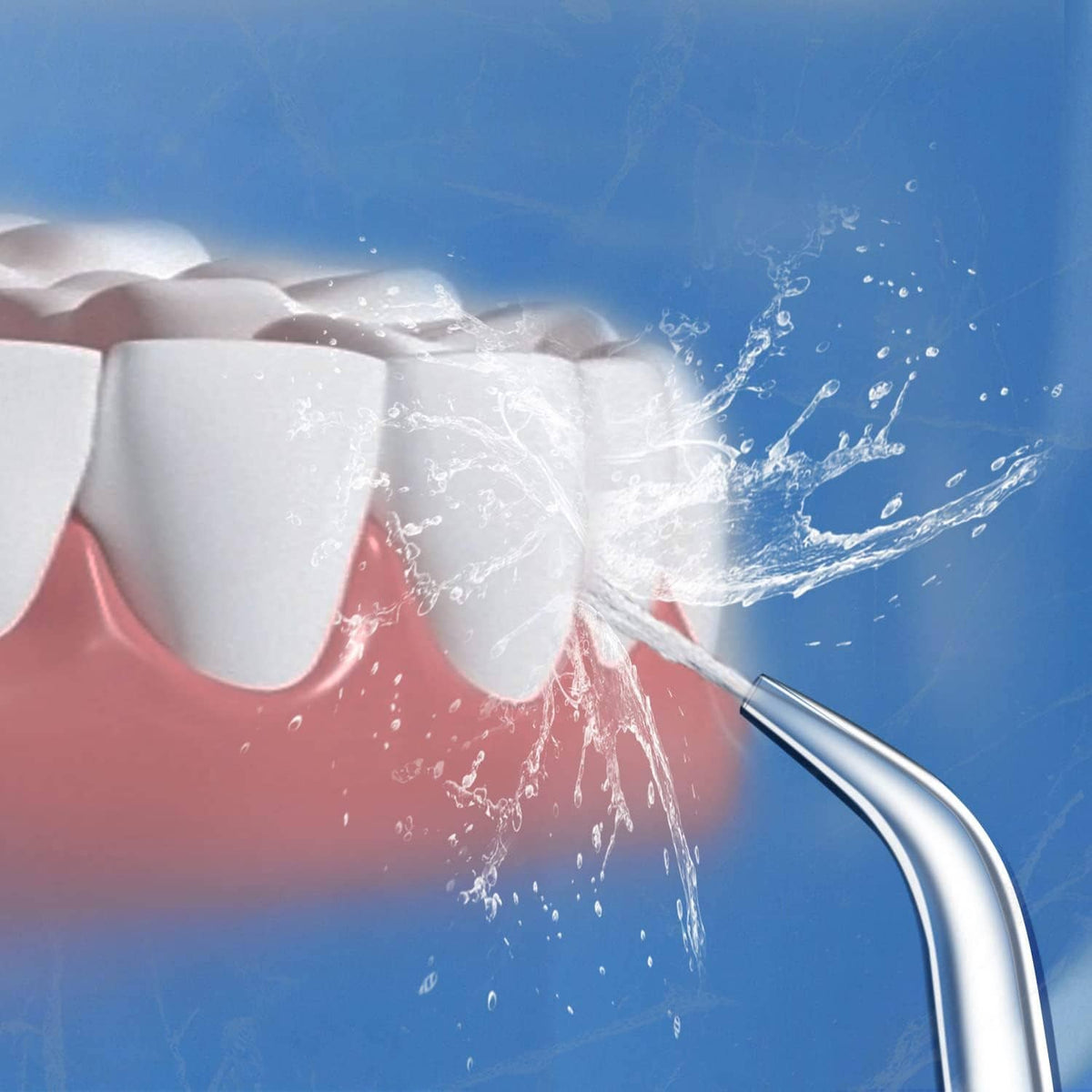 Water flosser jet tip delivering water spray toward front teeth