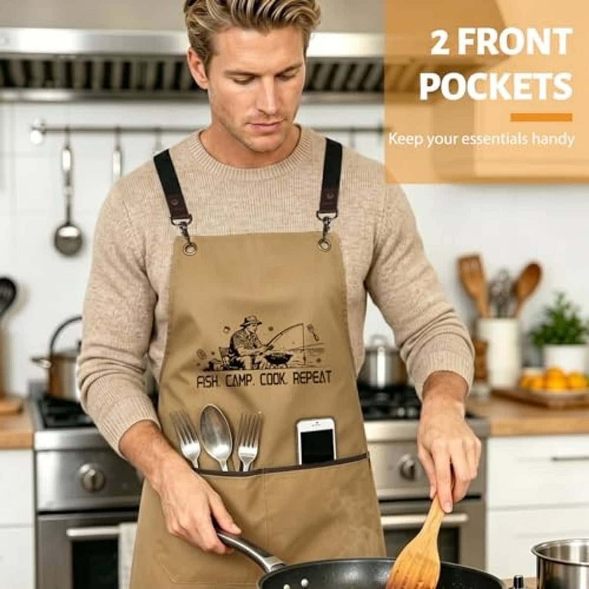 Khaki cooking apron on a man, featuring “FISH. CAMP. COOK. REPEAT” and two front pockets.
