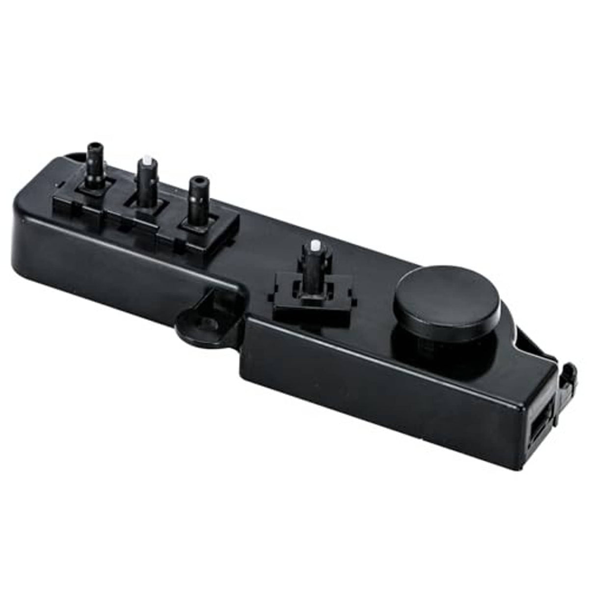 Black power seat switch control with round button and exposed wiring terminals