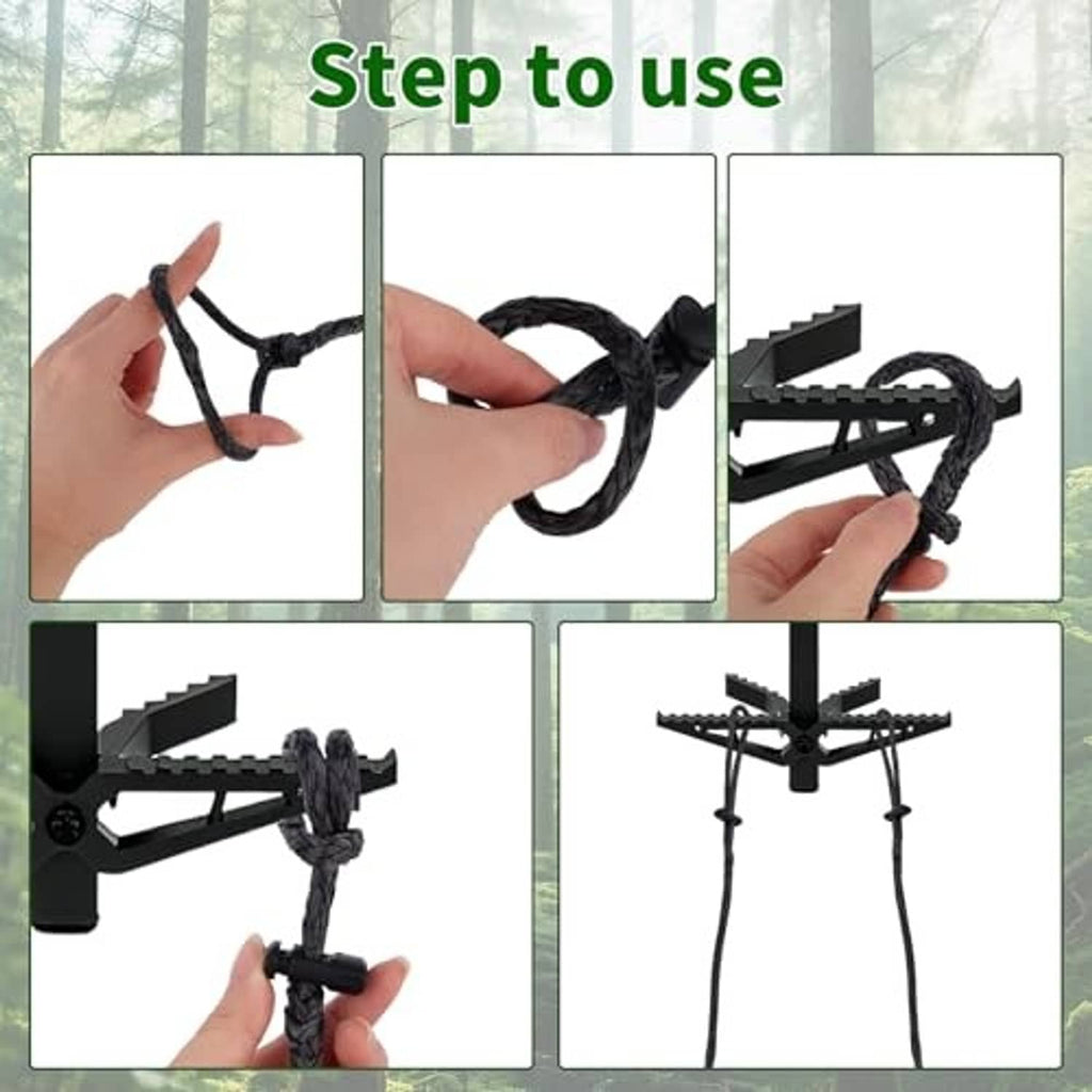 Single step aider rope ladder being installed on a climbing stick with black buckle hardware