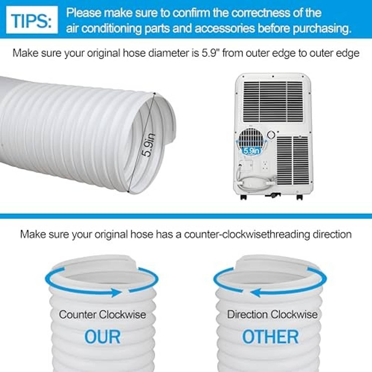 Rolled white ribbed exhaust hose, 5.9 in outer-edge diameter, threaded direction