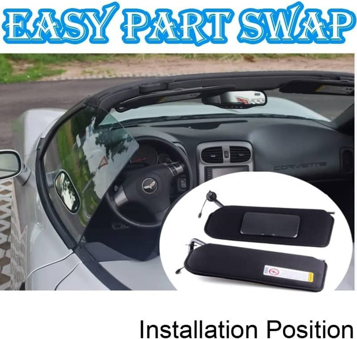Pair of black sun visor shades installed on car window with tinted panels