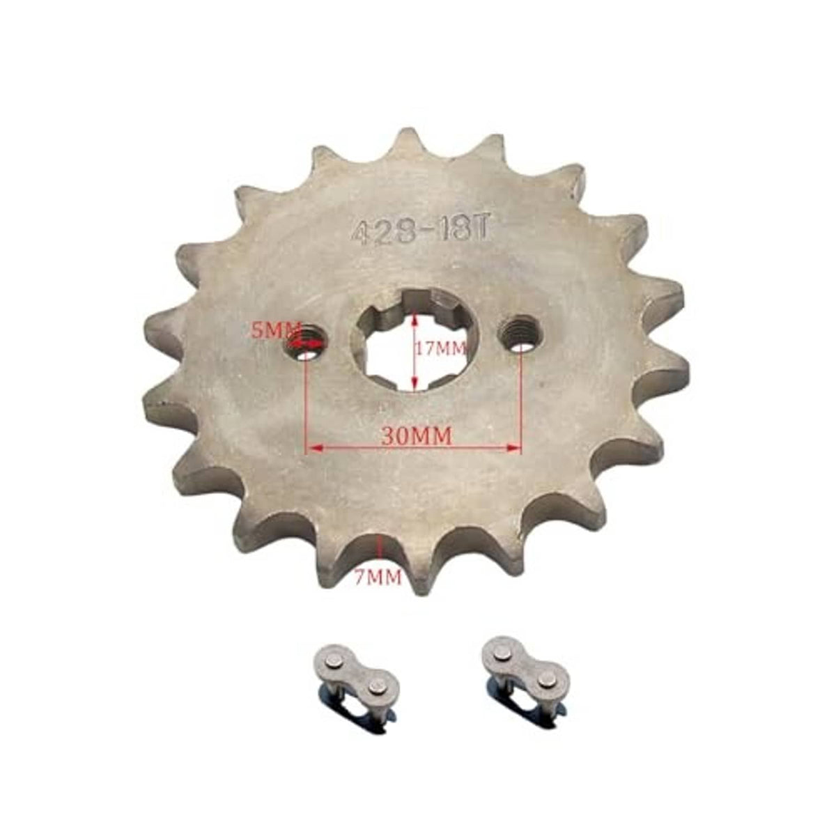 Steel 18T sprocket with stamped size markings and 30mm mounting dimension, plus clips