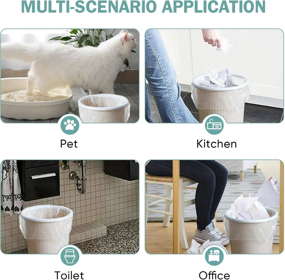White trash bag liners for pet, kitchen, toilet, and office use