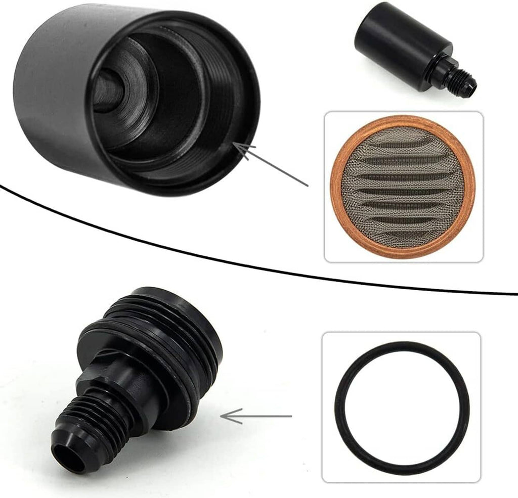 Black inline fuel filter with detachable housing, threaded AN6 fittings and mesh insert