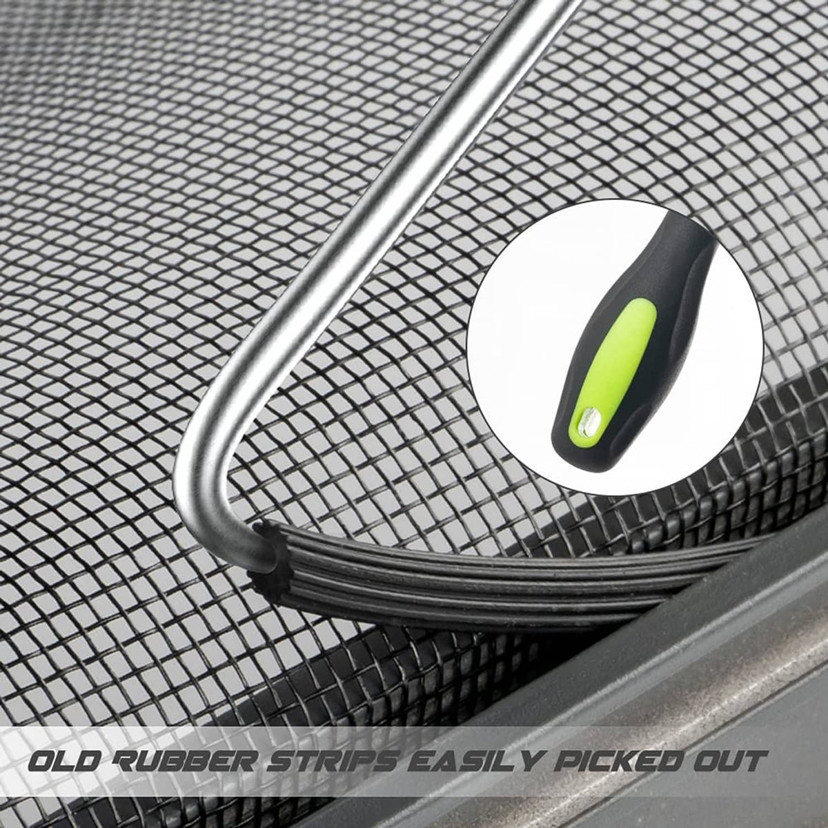Black screen spline strips and green-handled tool for securing fiberglass window mesh