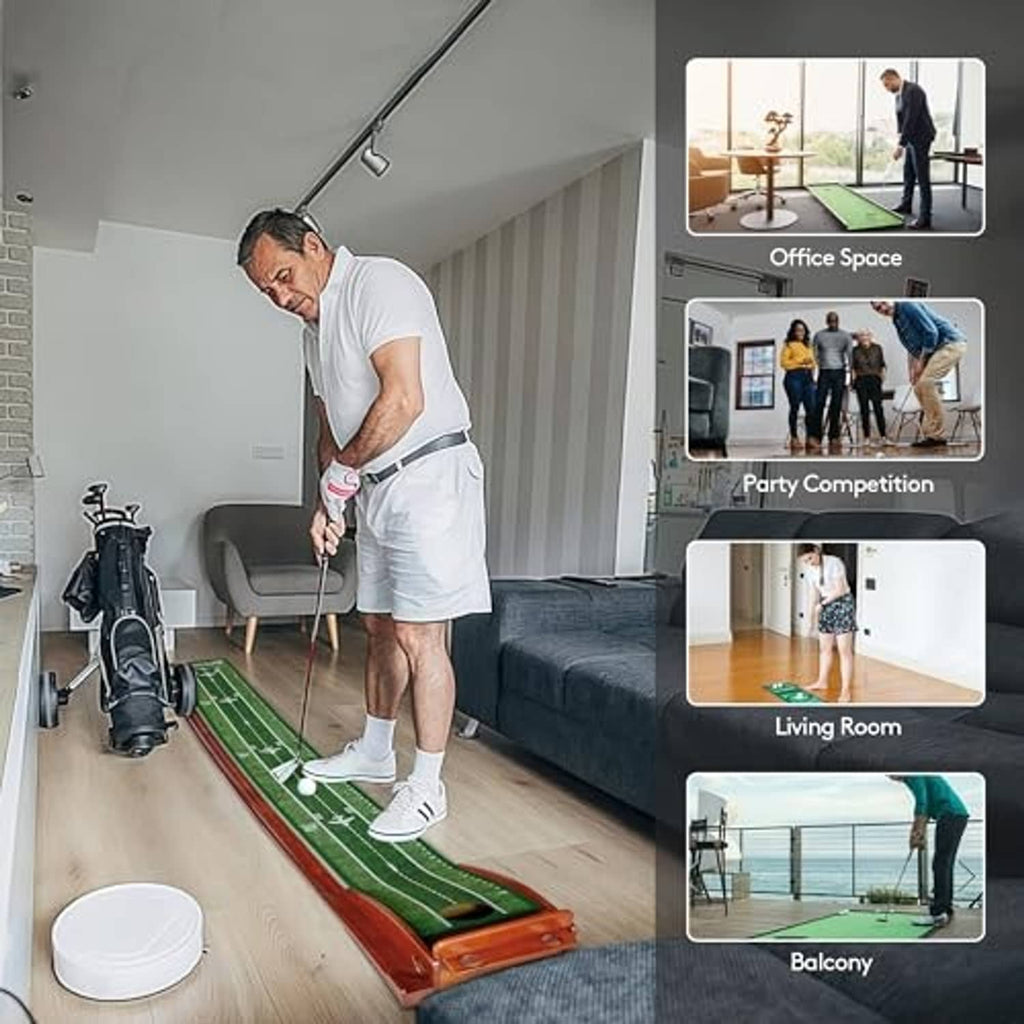 Green indoor golf putting mat set up in a living room for practice and competition