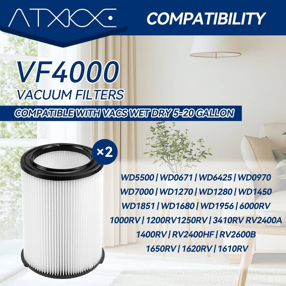 Two replacement wet vacuum filter cartridges, pleated white media with black rims