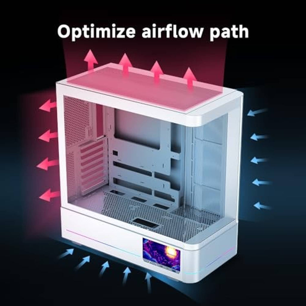 White ATX PC case airflow design with vented interior and front LCD window