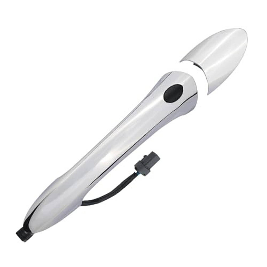 Silver exterior door handle with black wiring connector and round sensor opening