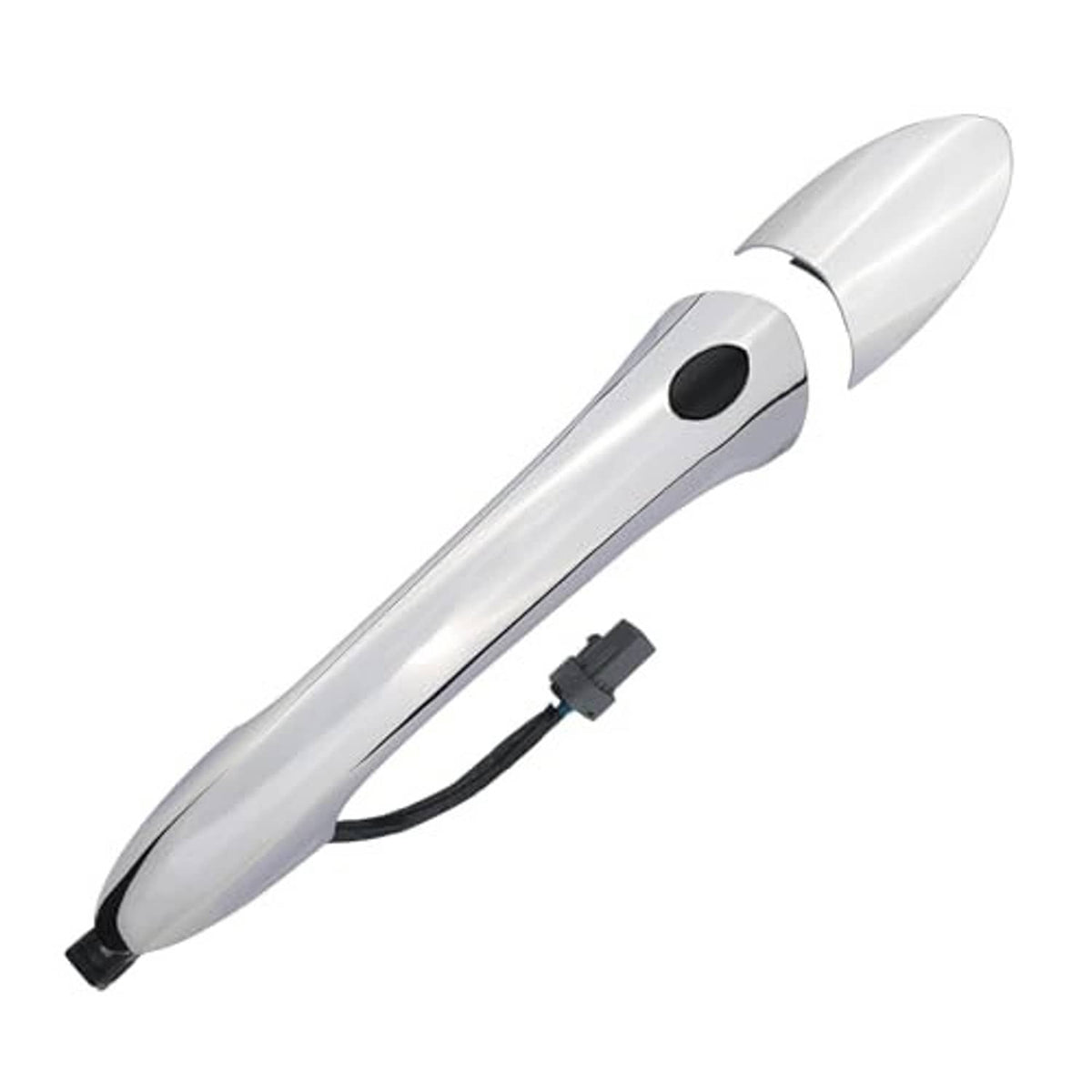 Silver exterior door handle with black wiring connector and round sensor opening