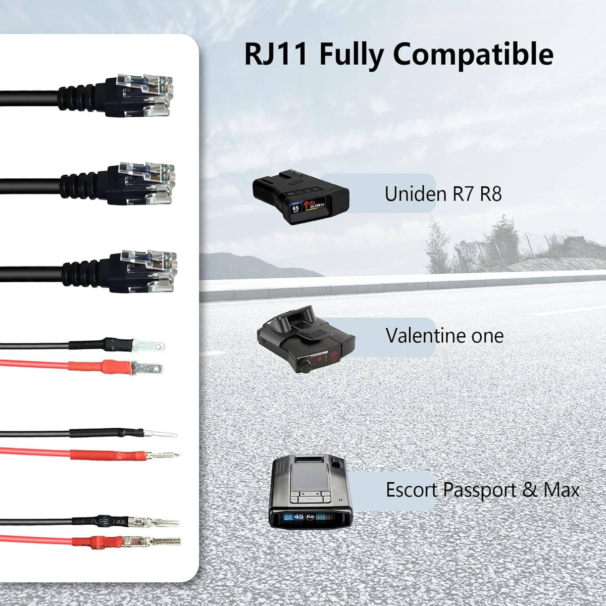 RJ11 fully compatible hardwire radar detector cord with compact adapter and red/black leads