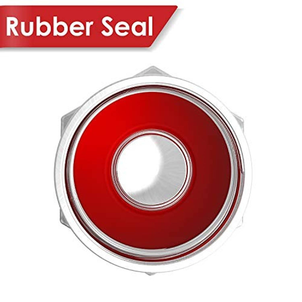 Red rubber seal tire valve stem cap with chrome outer ring and center opening