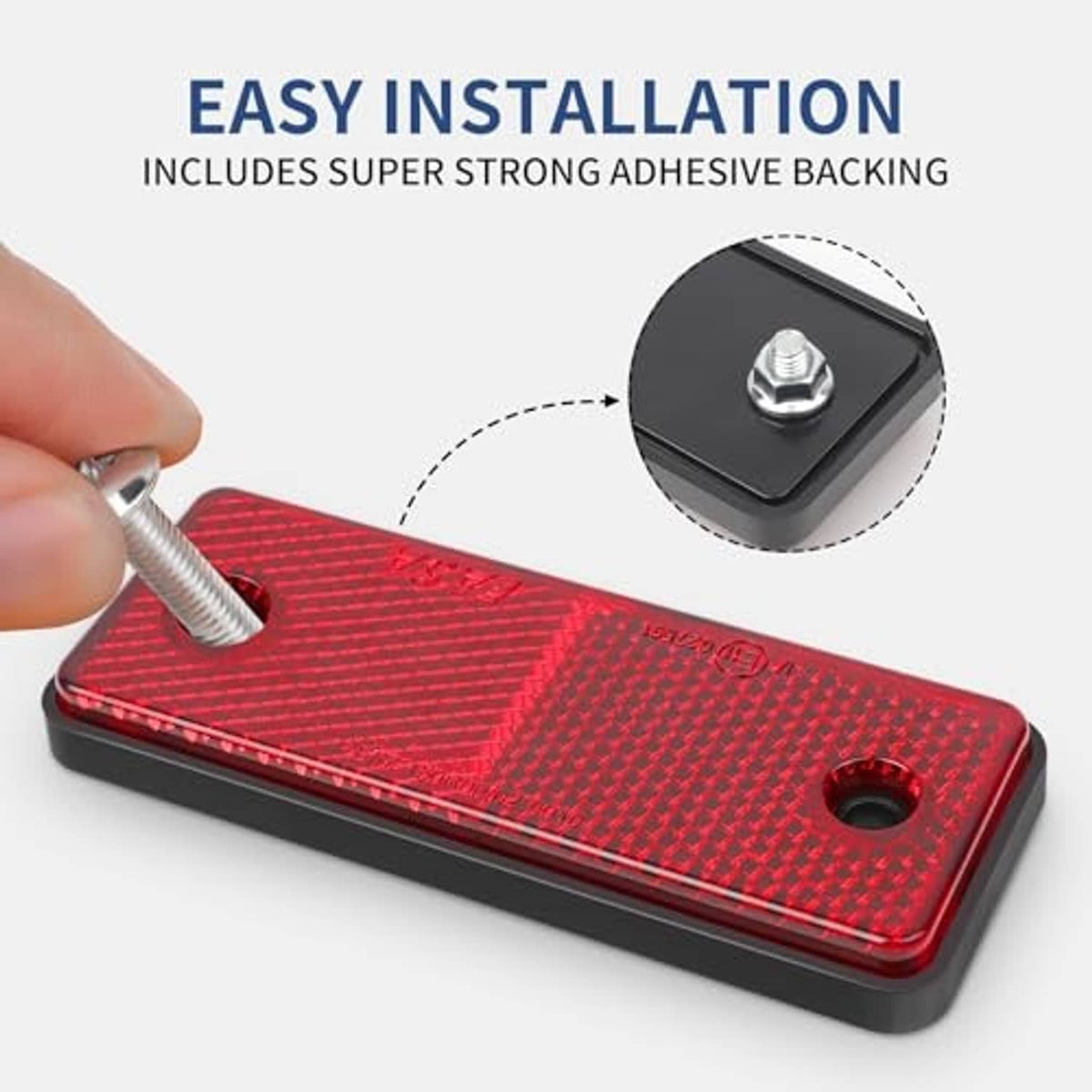 Red rectangular screw-on reflector with two screw holes on a black base