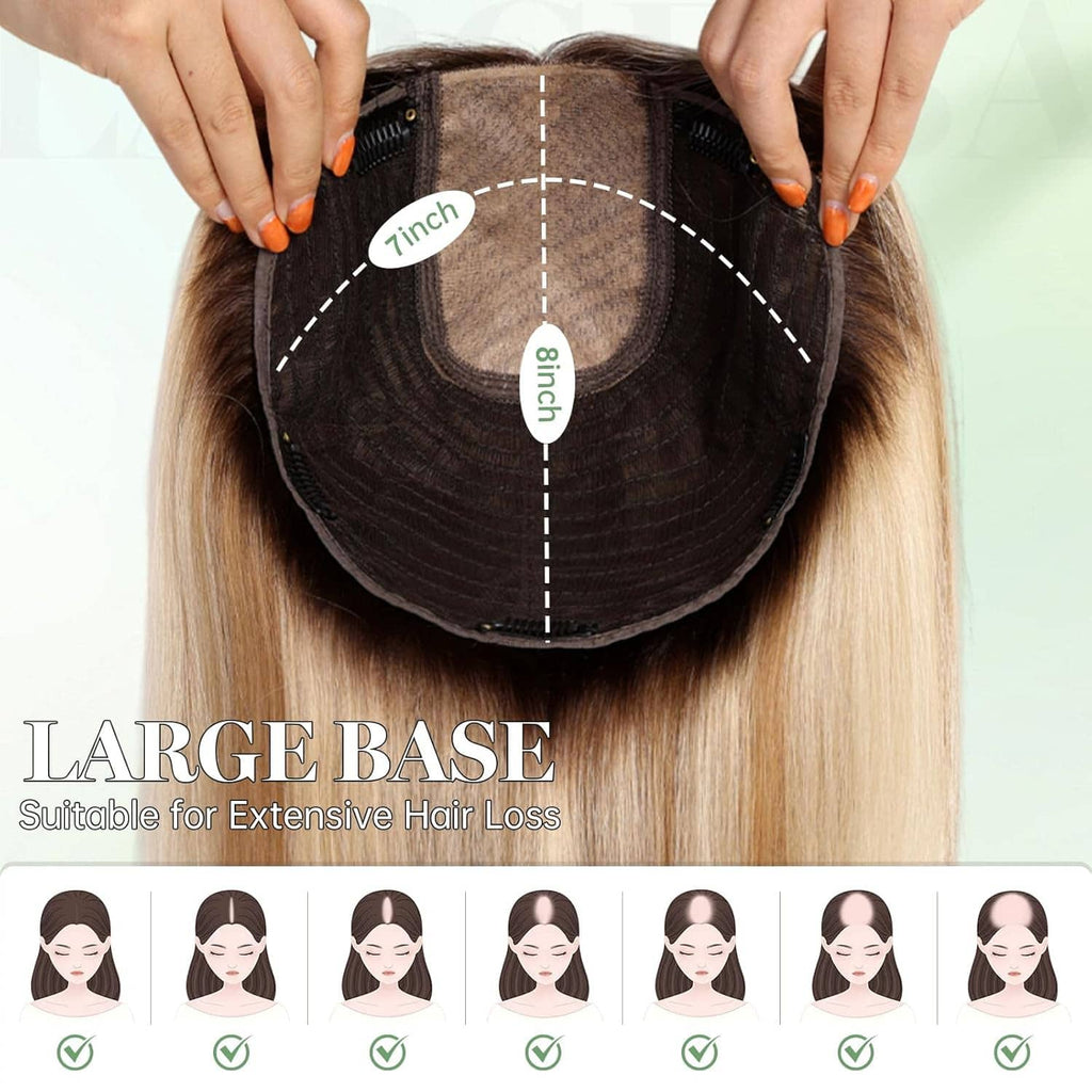 Large base hair topper with breathable mesh center panel and U-shaped coverage