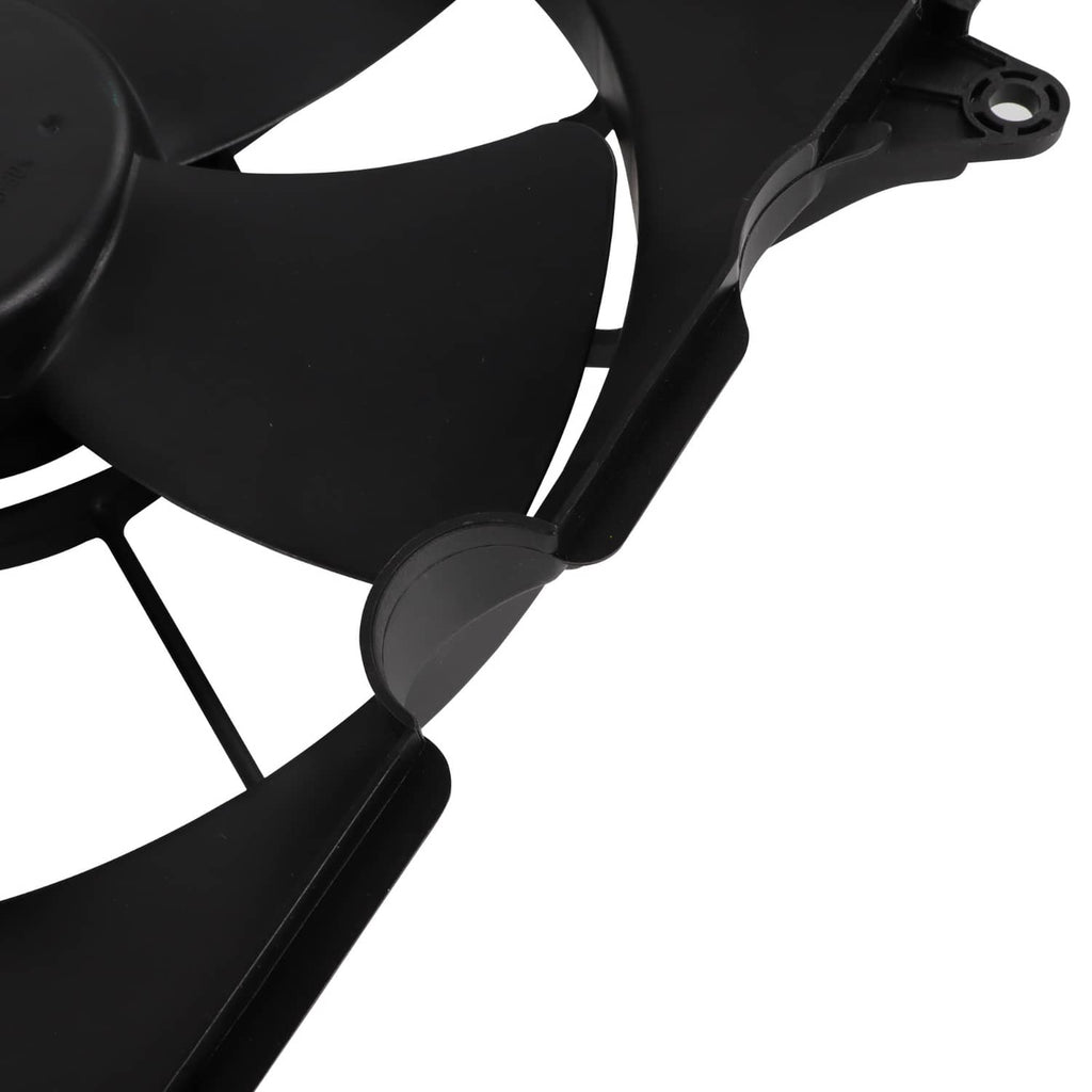 Radiator cooling fan blade edge with black plastic shroud and mounting support