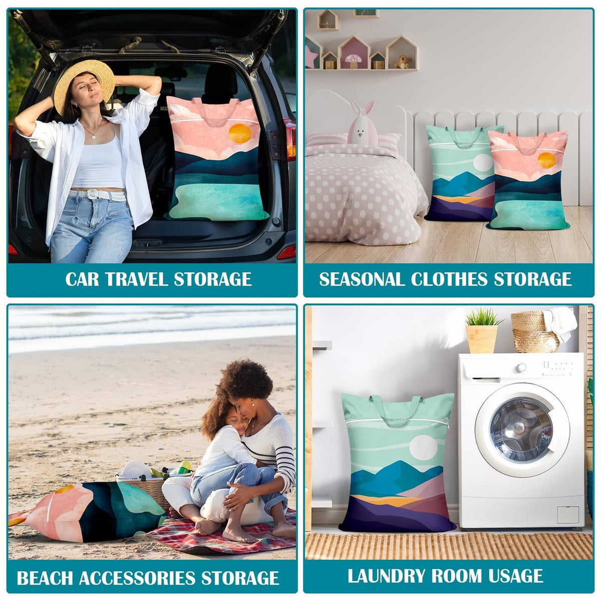 Landscape print laundry bags shown in car and home storage