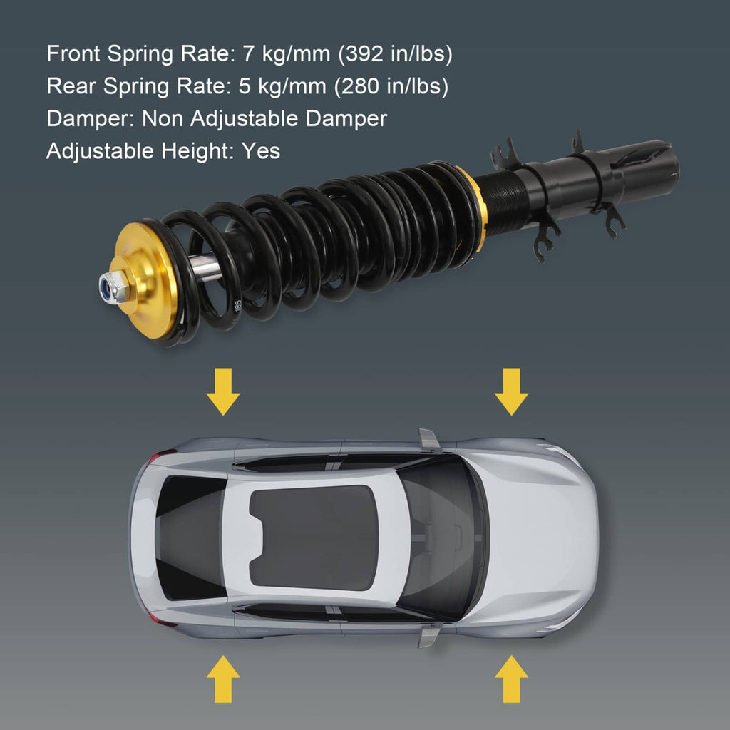 Coilover shock strut with black coil spring and gold top, non-adjustable style damper