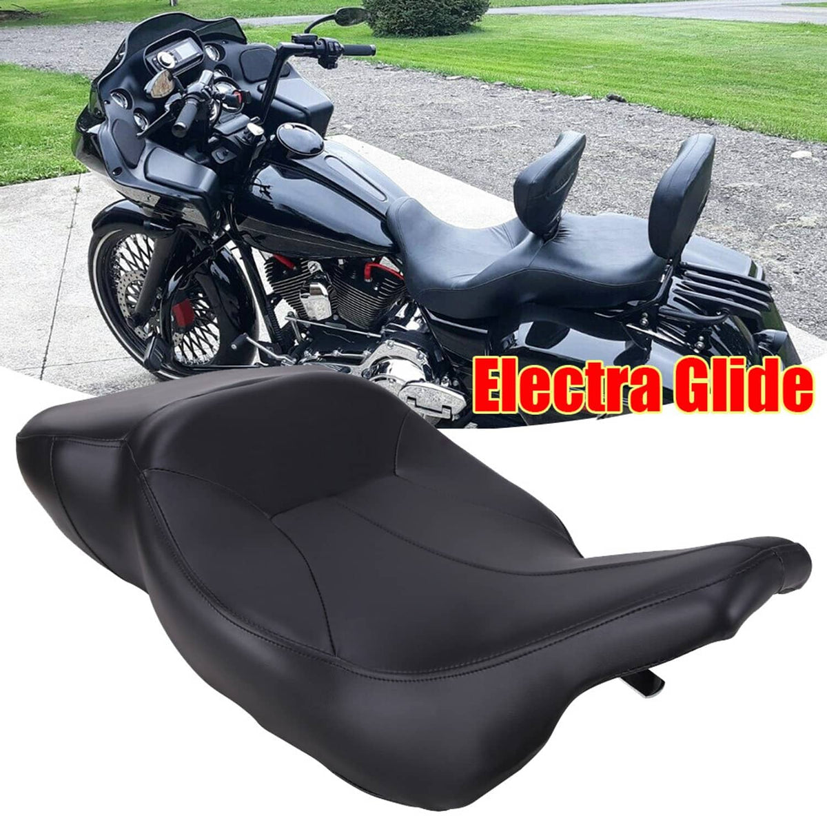 Black leather touring passenger seat with contoured padding and stitched seams