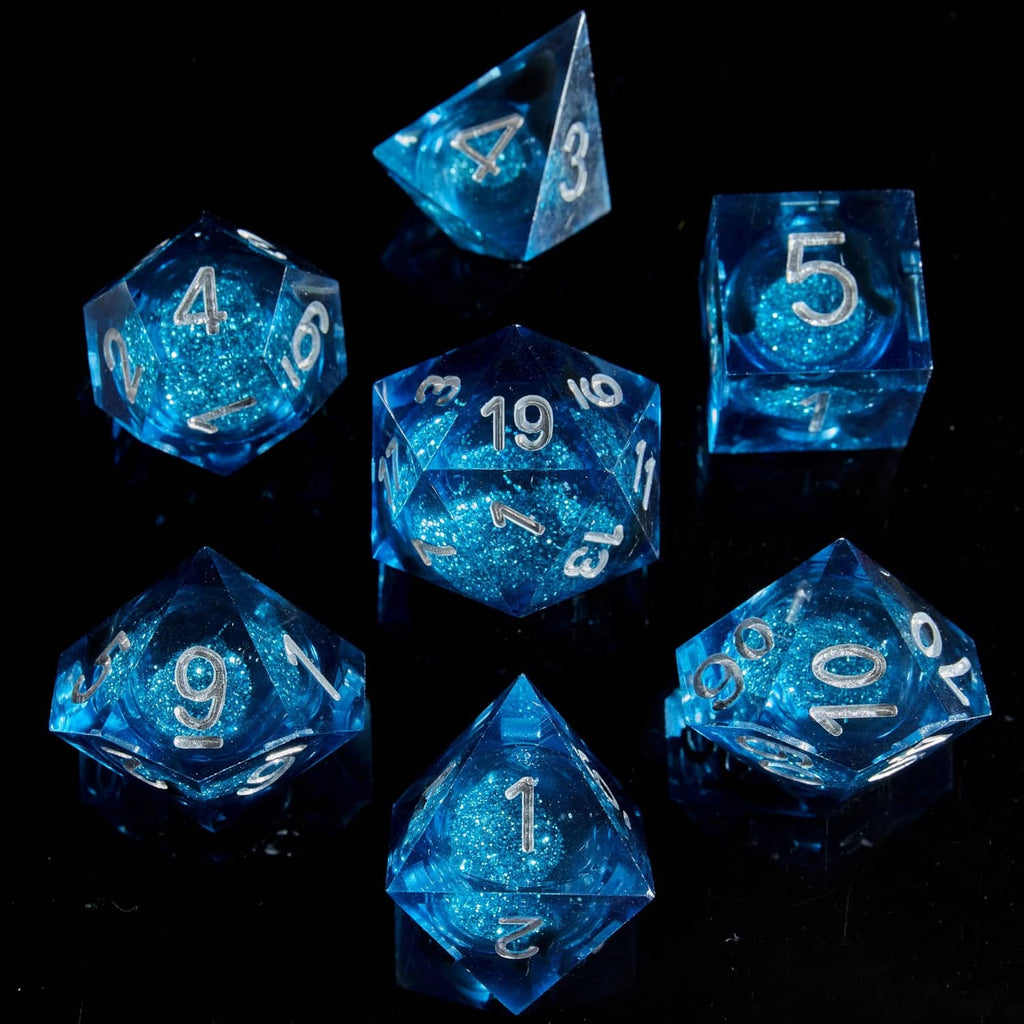 Blue liquid-core D&D dice set, standard size, numbered faces visible