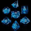 Blue liquid-core D&D dice set, standard size, numbered faces visible