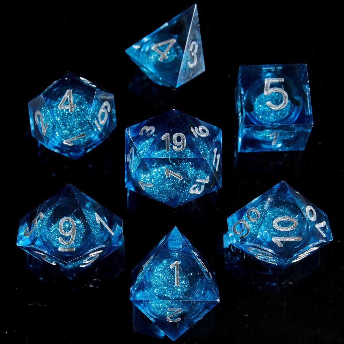 Blue liquid-core D&D dice set, standard size, numbered faces visible
