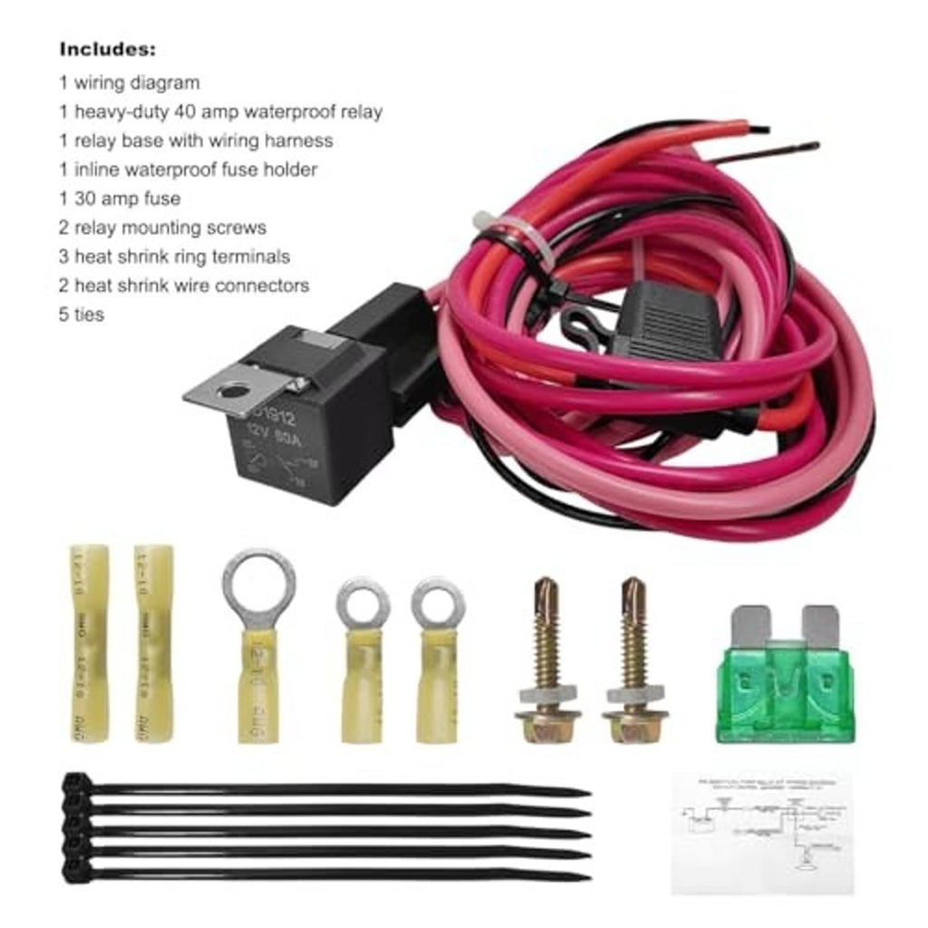 Fuel pump relay kit with waterproof relay, fuse, crimp terminals, and wiring harness