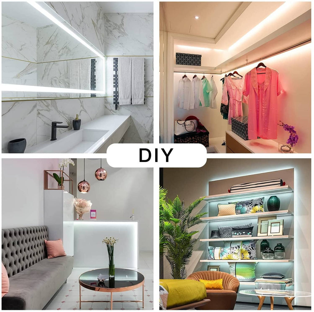 LED strip lighting in home decor displays, with bright warm-white glow