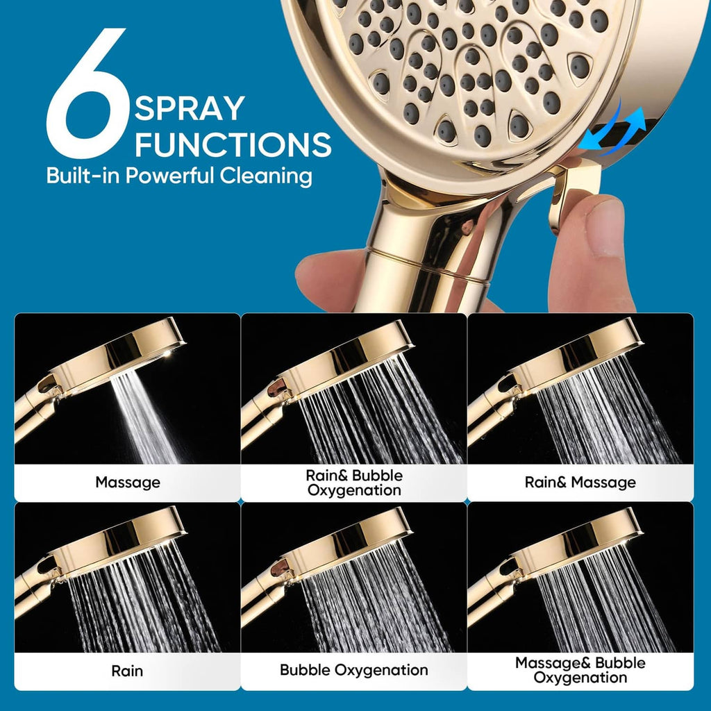Gold handheld shower head displaying multiple spray patterns