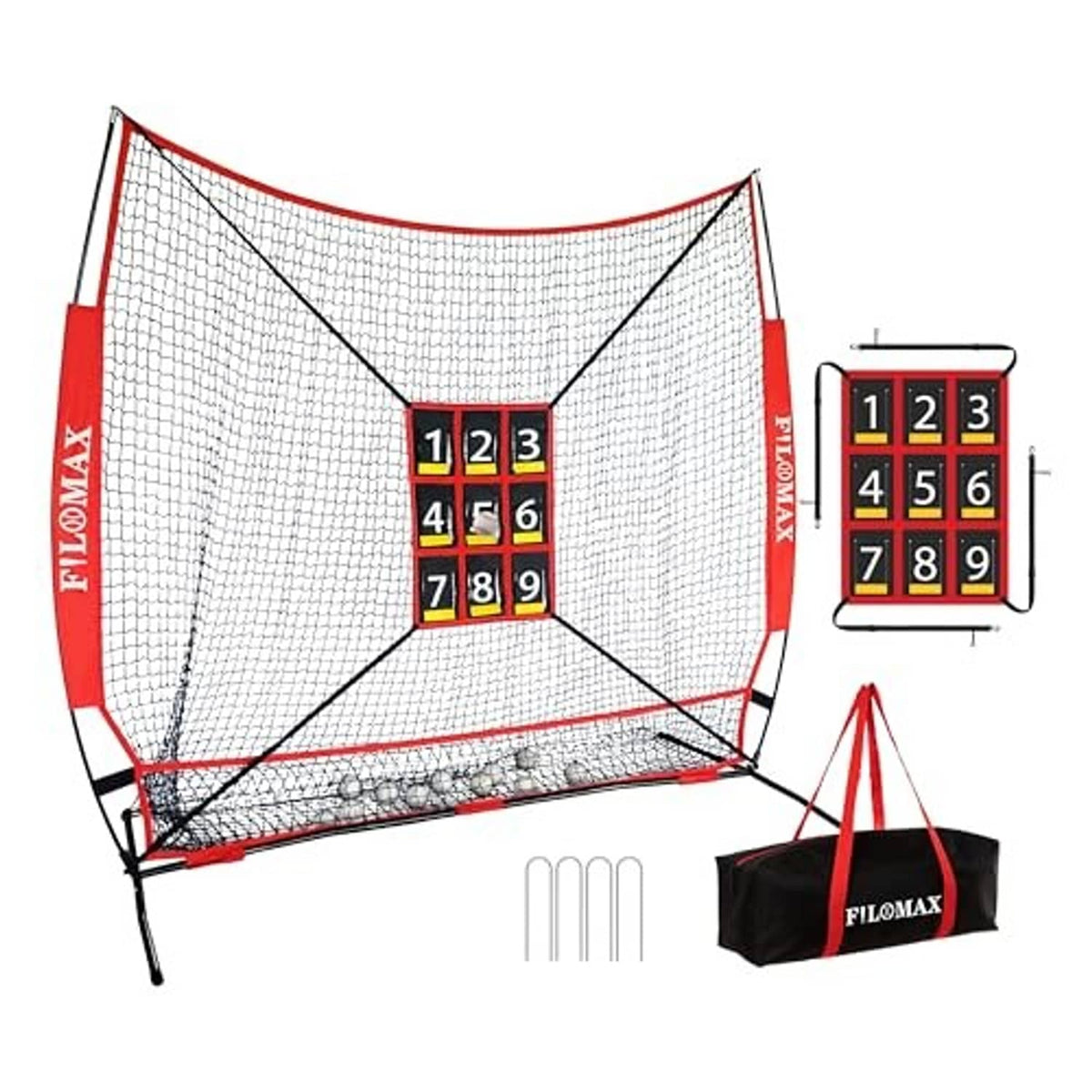 Baseball practice net set with numbered strike-zone board (1–9) and carrying bag