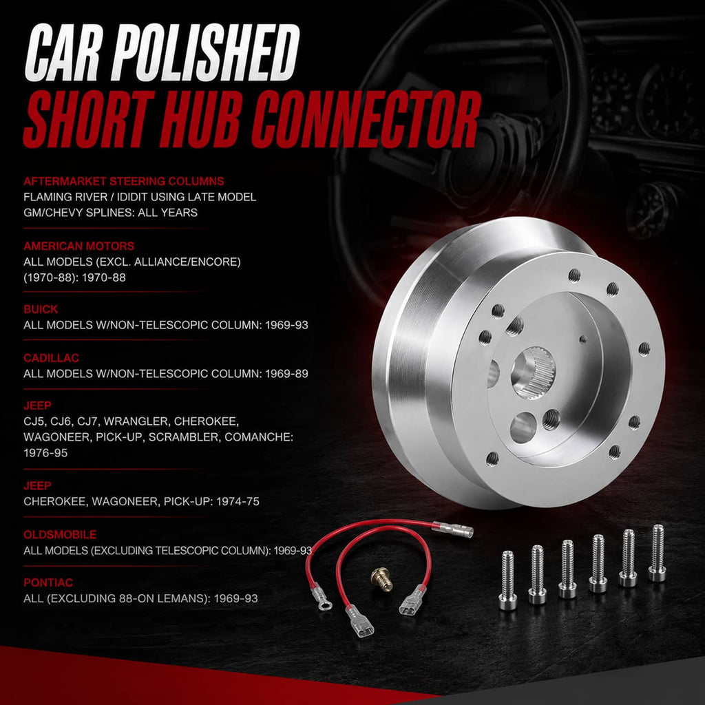 Polished aluminum steering wheel hub adapter with 6-hole mounting face