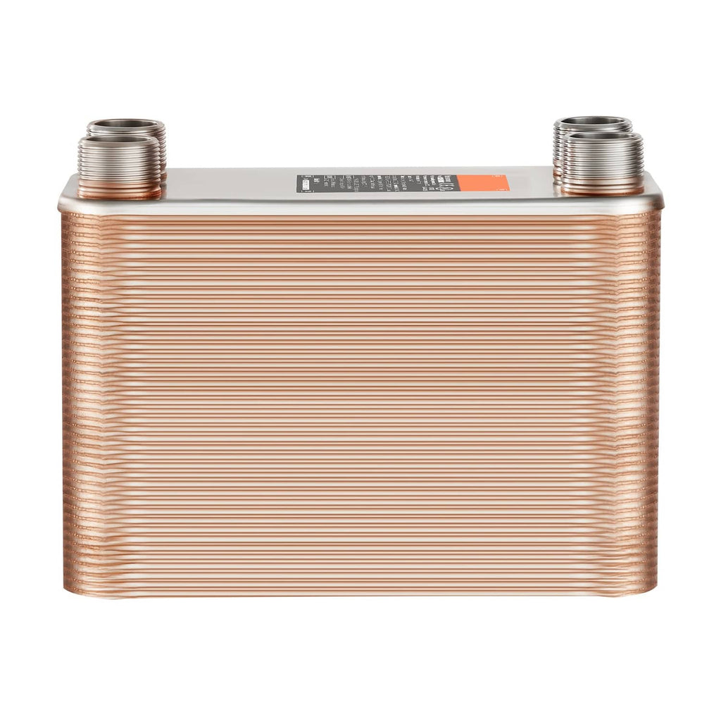 Copper brazed plate heat exchanger with two top and two bottom threaded ports
