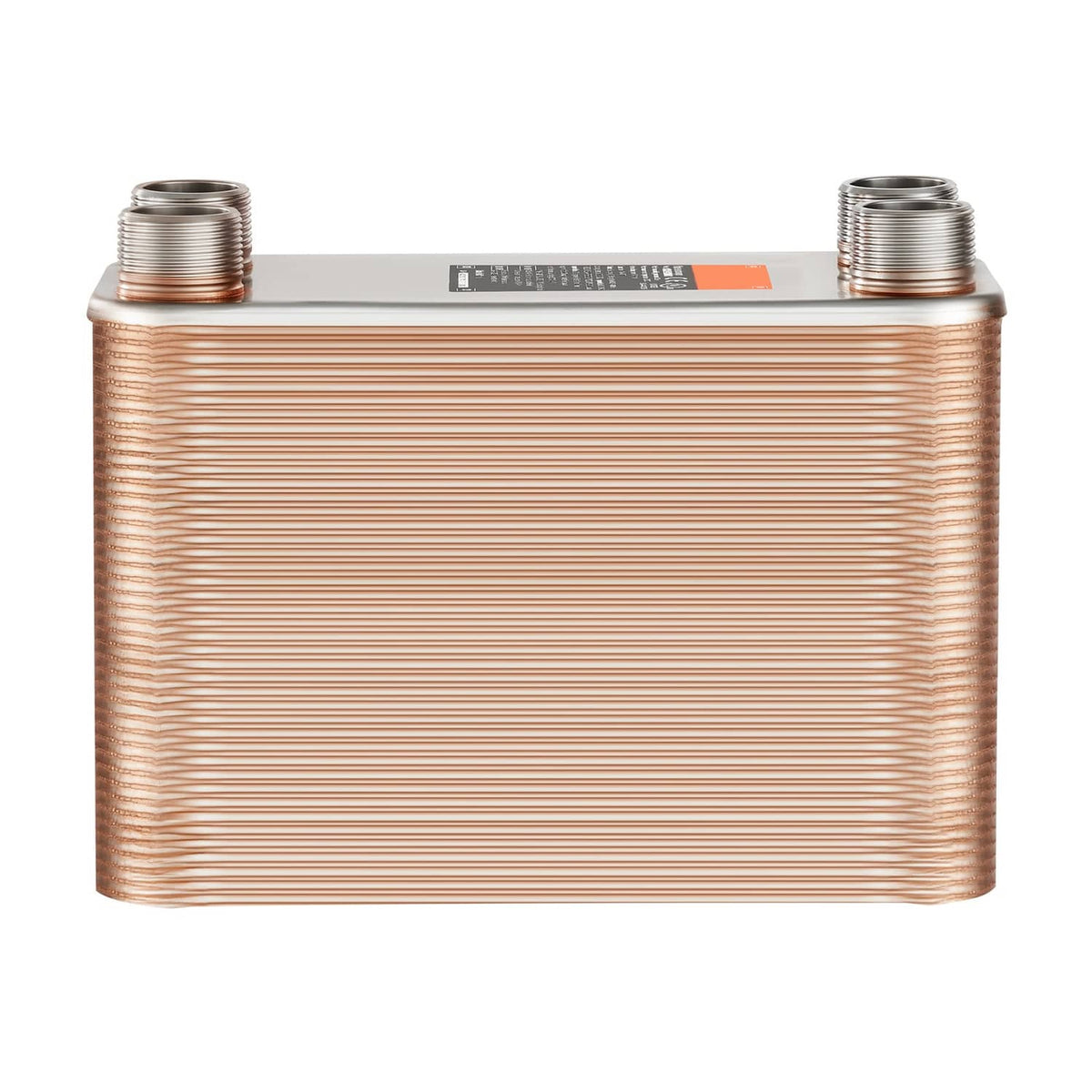 Copper brazed plate heat exchanger with two top and two bottom threaded ports