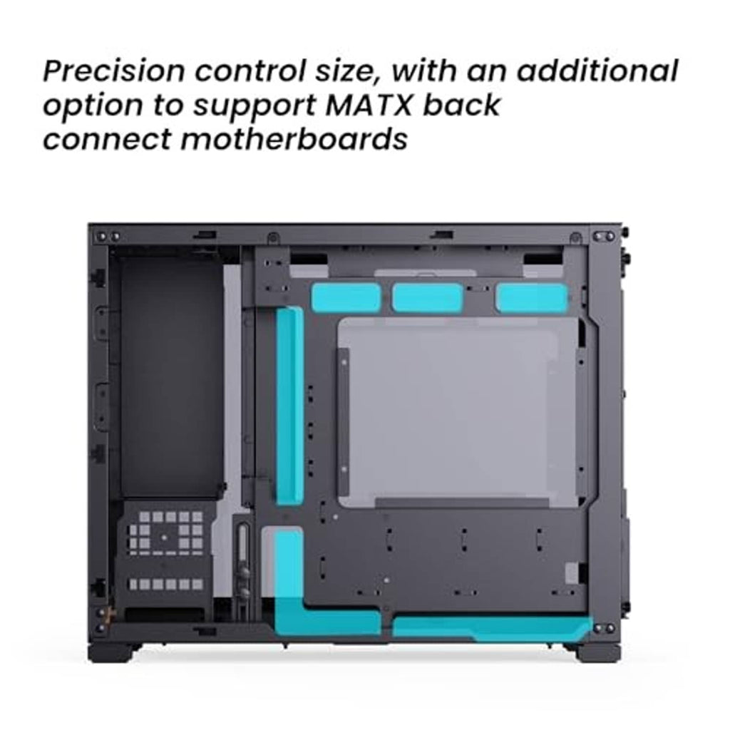 PC case chassis interior layout with adjustable area for MATX back-connected boards