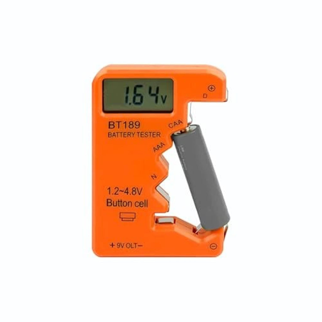 Orange digital battery tester with LCD reading 16.4V and metal contact clip