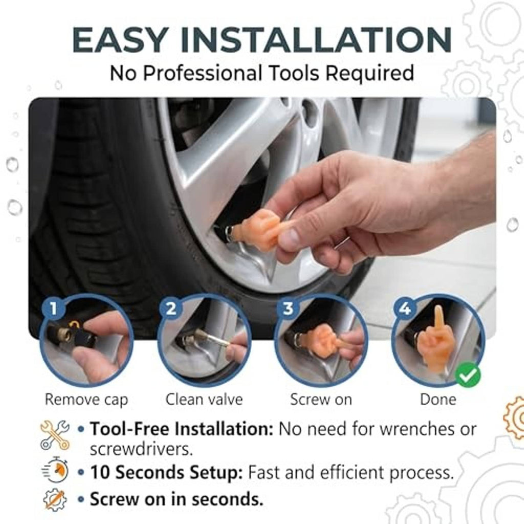 Hand installing an orange middle-finger valve stem cap on a tire valve.